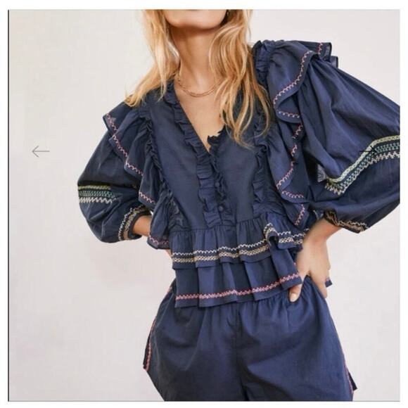Something navy Audrey peplum top with embroidered details size XL - Picture 1 of 9